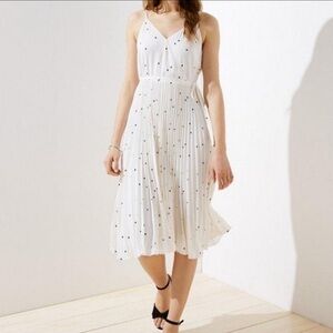 LOFT Polka Dot Pleated Spaghetti Strap Midi Dress